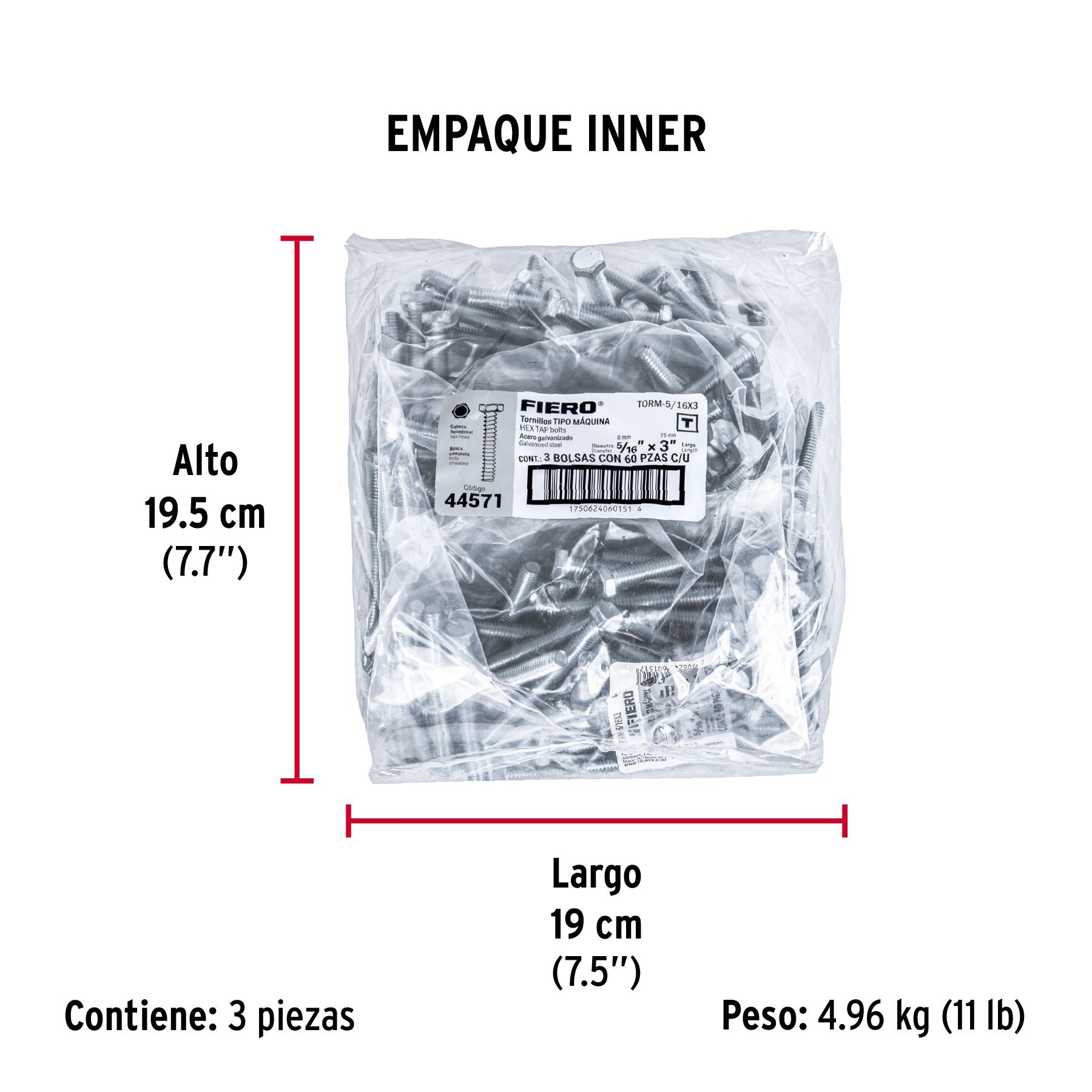 Tornillo Cabeza Hexagonal 5/16" x 3" Fiero Bolsa 60 Piezas