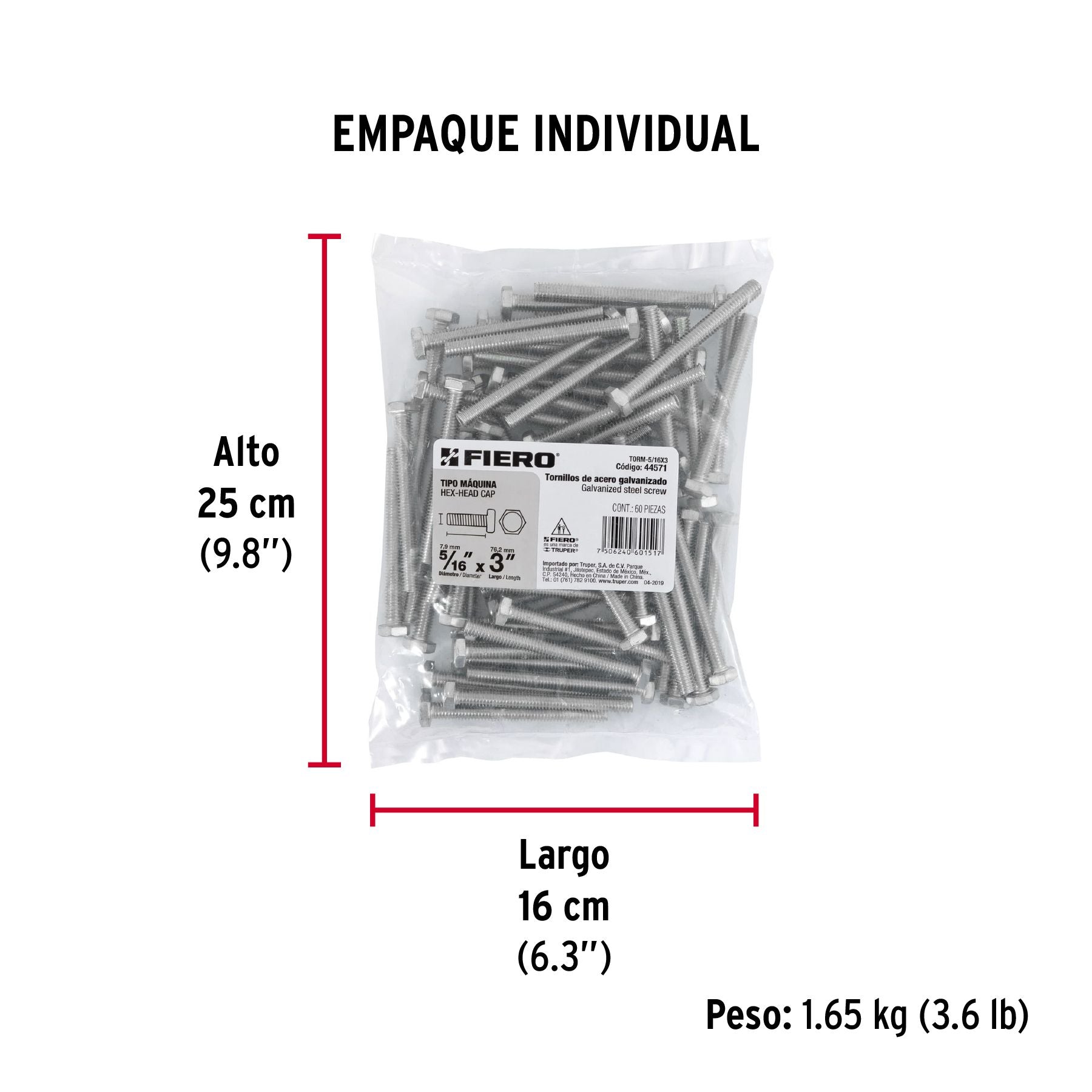 Tornillo Cabeza Hexagonal 5/16" x 3" Fiero Bolsa 60 Piezas