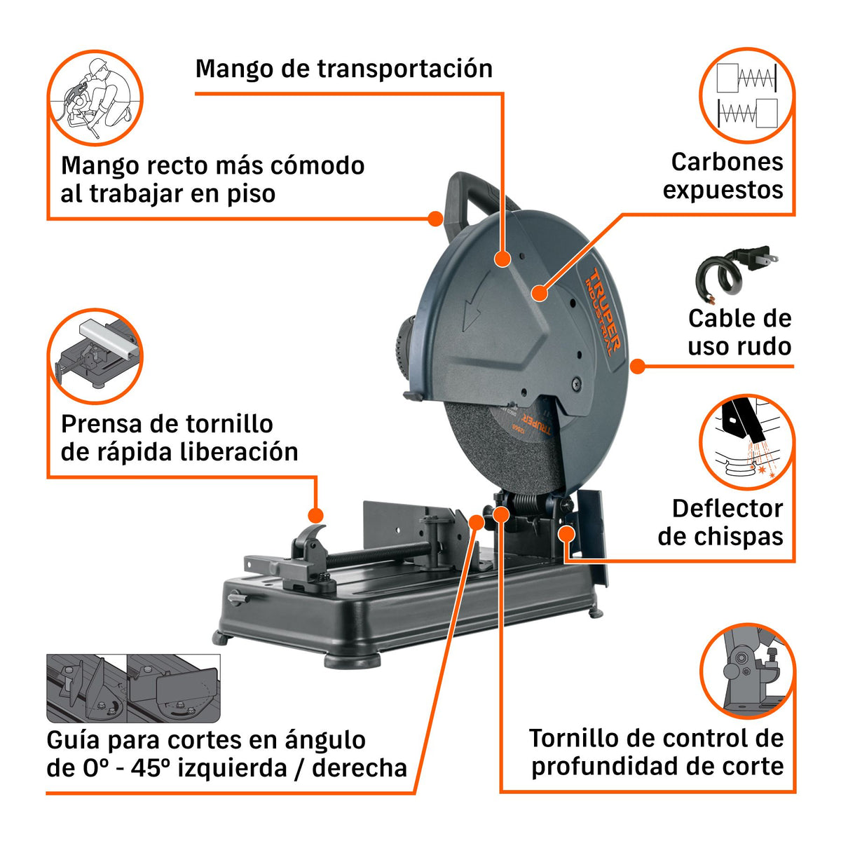 Cortadora de Metales 14" 2,200 Watts Mango Recto TRUPER INDUSTRIAL