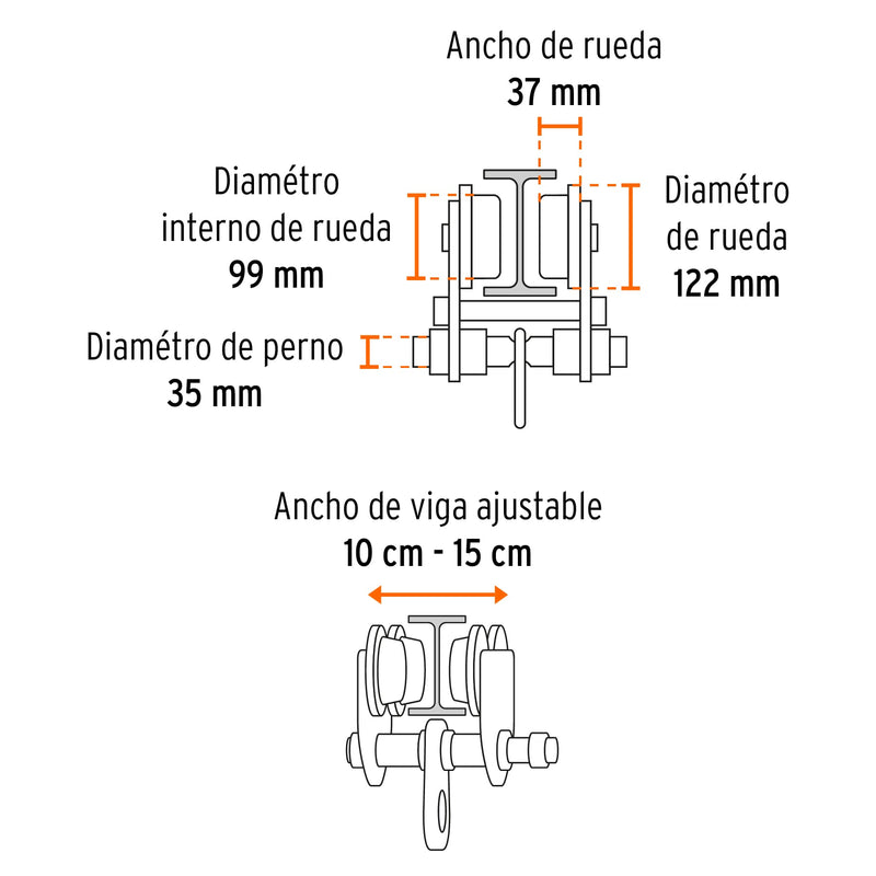 Trole de Carga para Vigas IPS e IPR Ajustable Truper 2 Toneladas