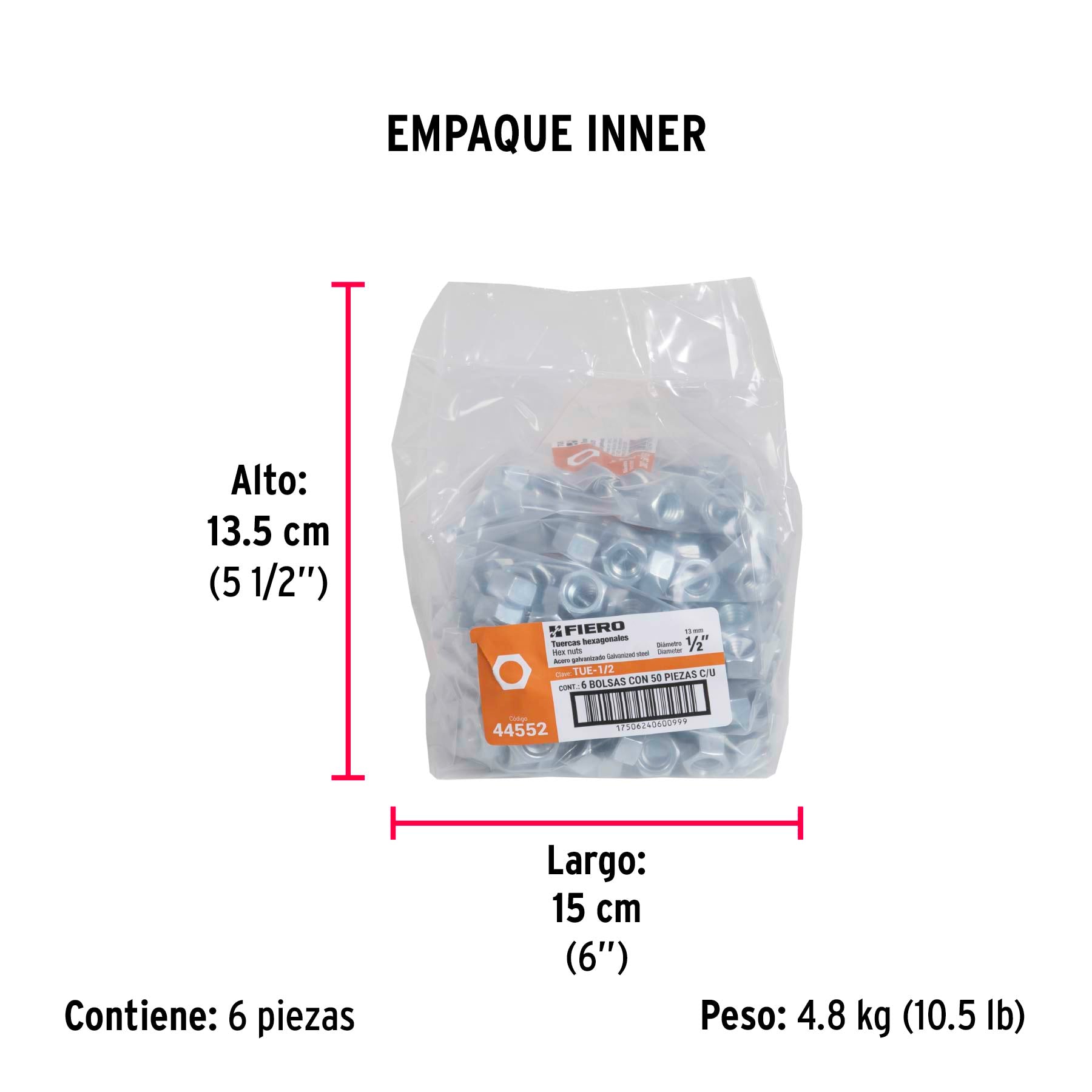 Tuerca Hexagonal 1/2" (13 mm) Fiero Bolsa 50 Piezas
