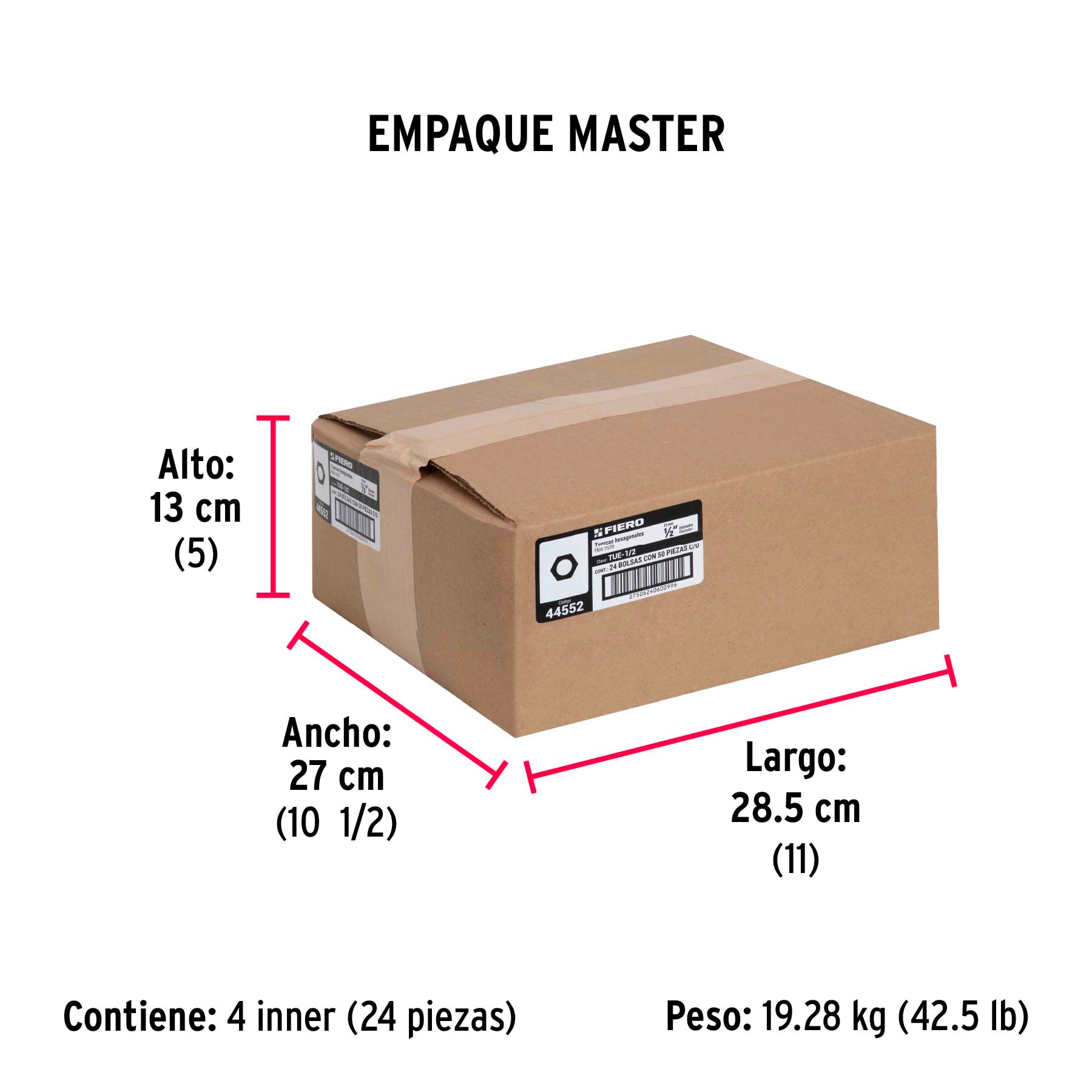 Tuerca Hexagonal 1/2" (13 mm) Fiero Bolsa 50 Piezas