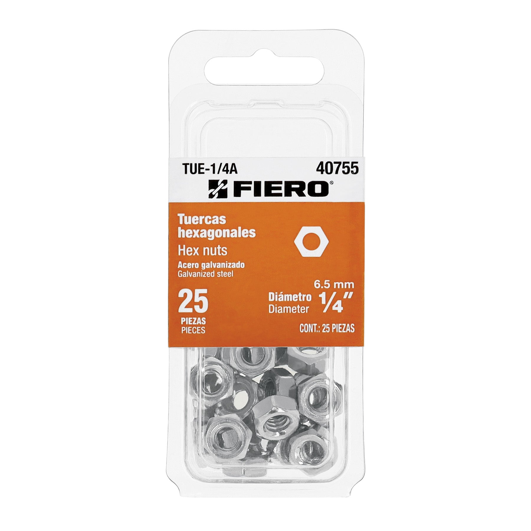 Tuerca Hexagonal 1/4" (6 mm) Fiero Blister 25 Piezas