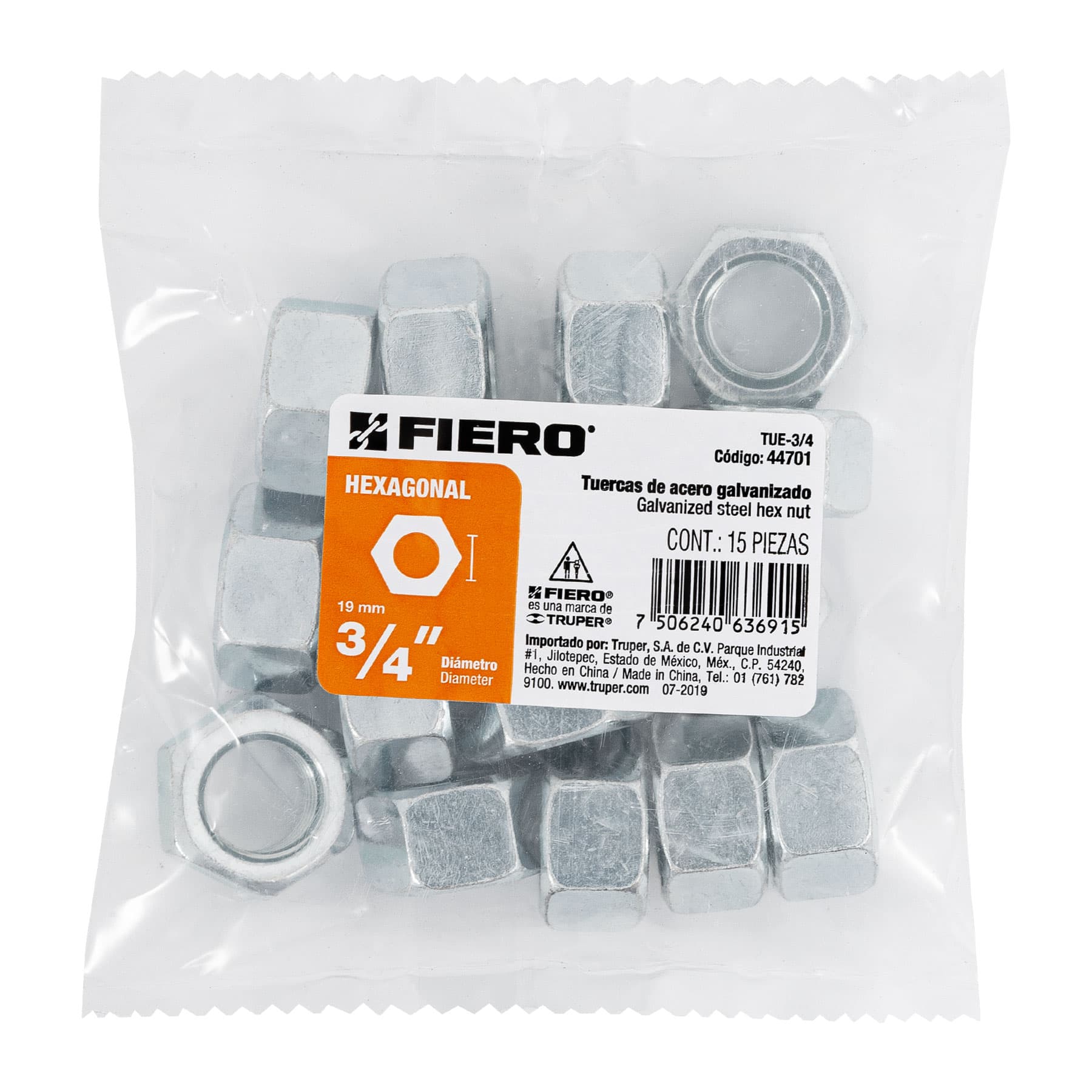 Tuerca Hexagonal 3/4" (19 mm) Fiero Bolsa 15 Piezas