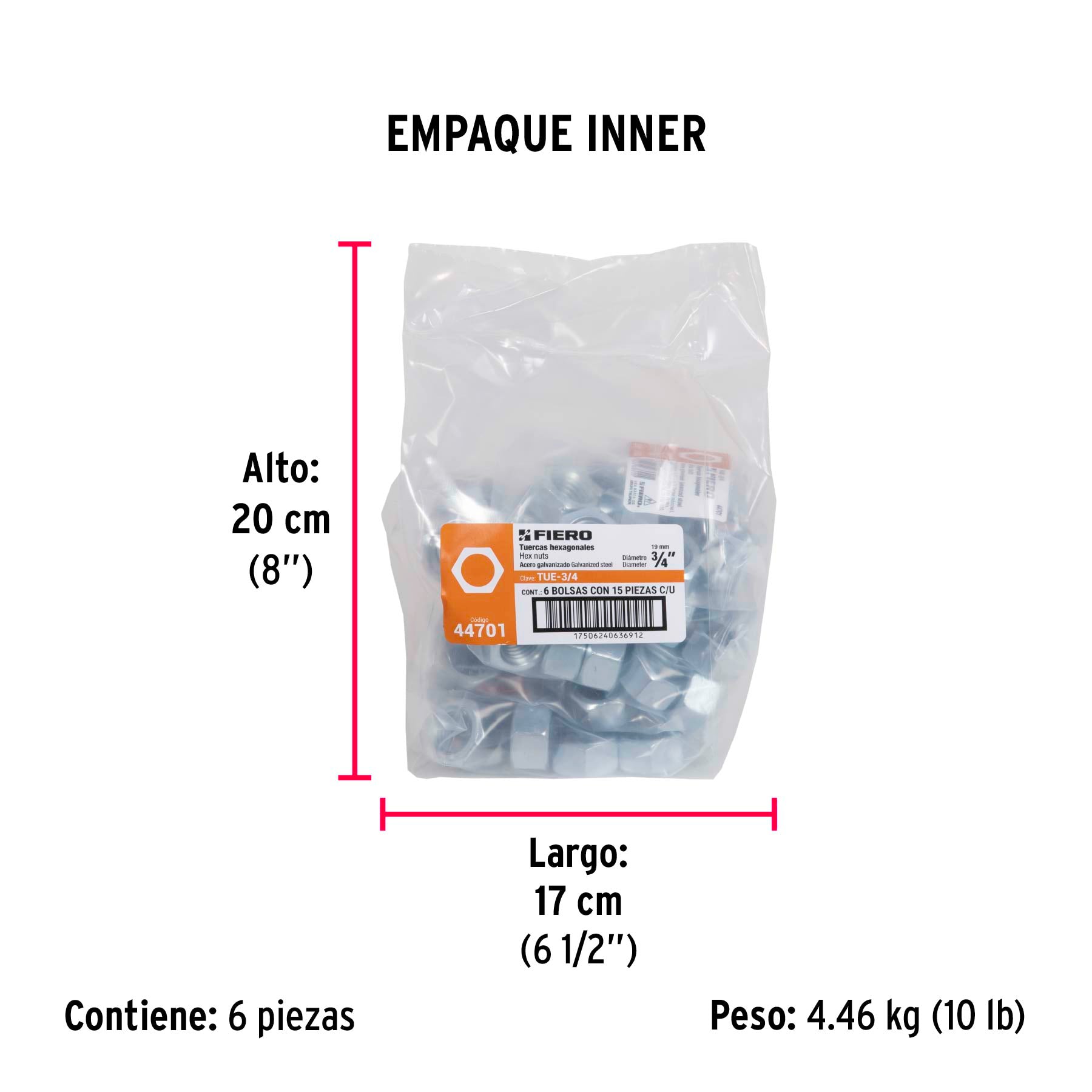 Tuerca Hexagonal 3/4" (19 mm) Fiero Bolsa 15 Piezas