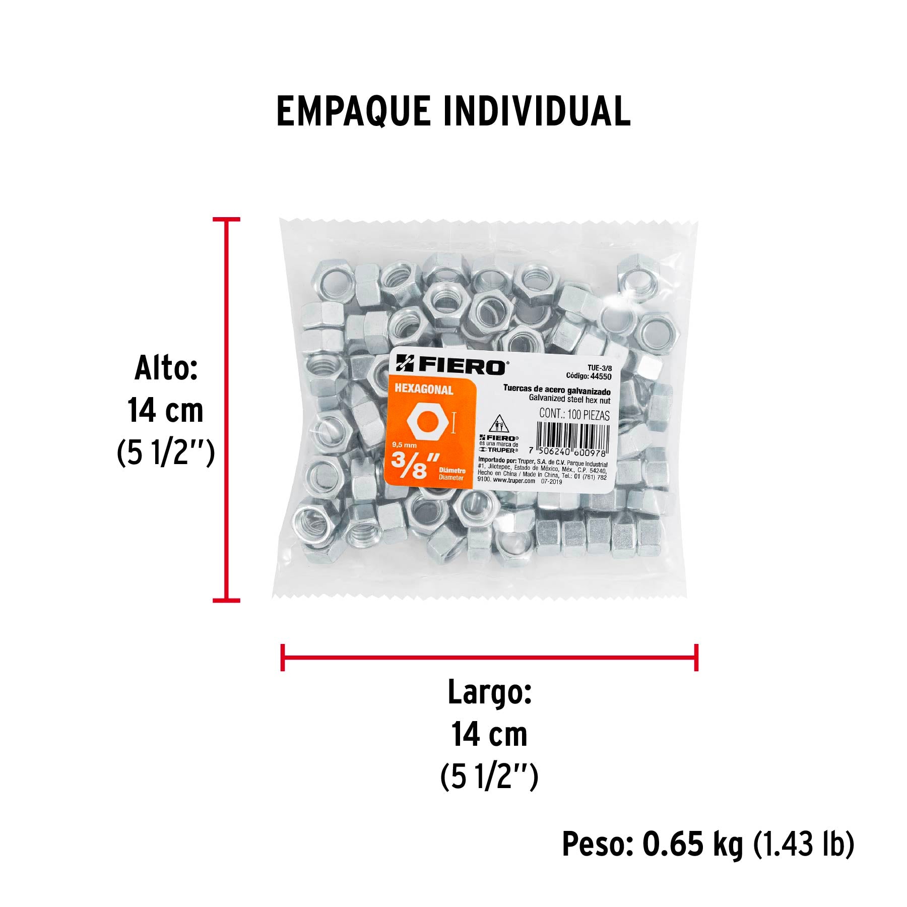 Tuerca Hexagonal 3/8" (10 mm) Fiero Bolsa 100 Piezas