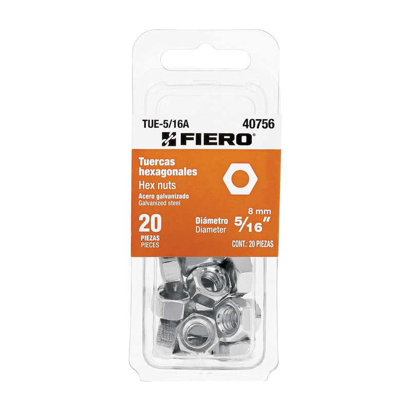 Tuerca Hexagonal 5/16" (8 mm) Fiero Blister 20 Piezas