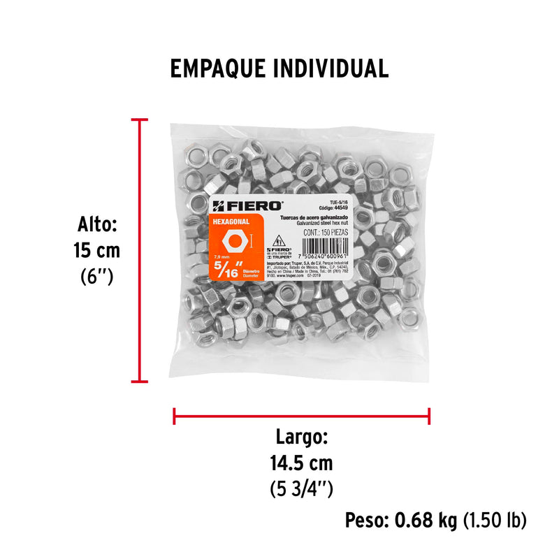 Tuerca Hexagonal 5/16" (8 mm) Fiero Bolsa 150 Piezas