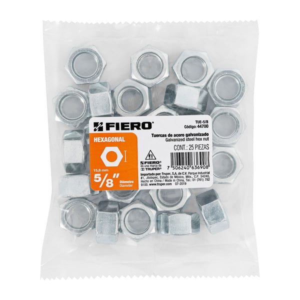 Tuerca Hexagonal 5/8" (16 mm) Fiero Bolsa 25 Piezas