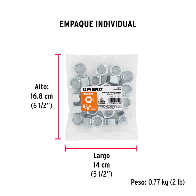 Tuerca Hexagonal 5/8" (16 mm) Fiero Bolsa 25 Piezas