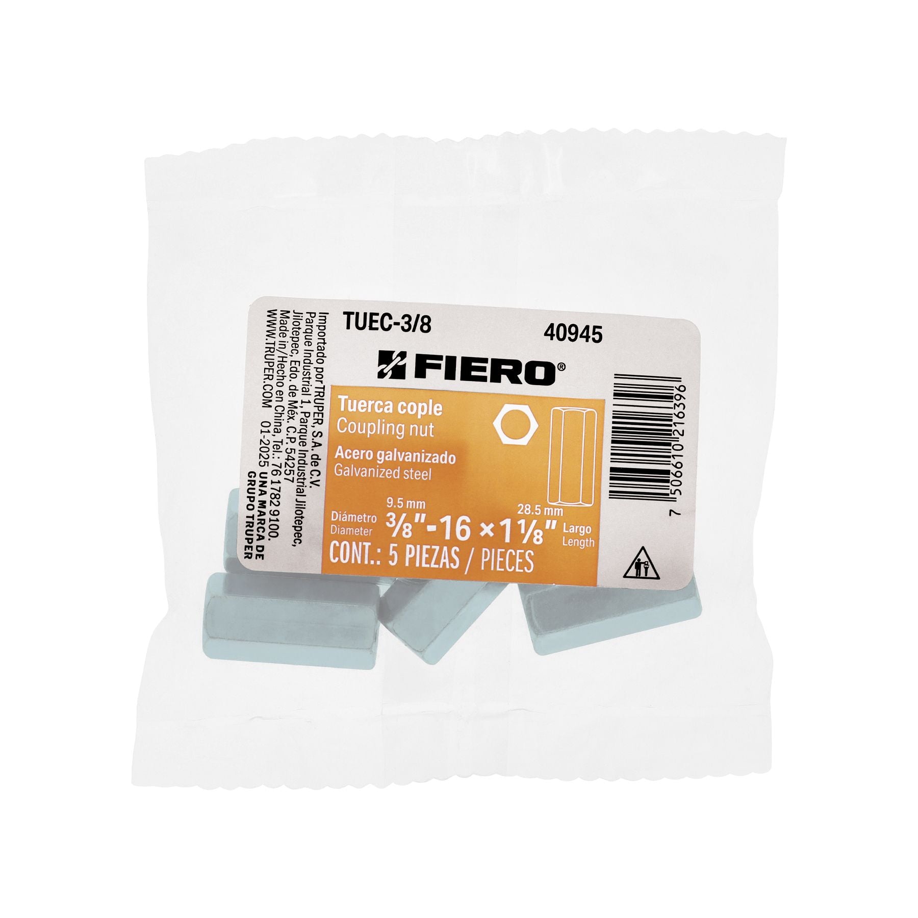 Tuerca Cople 3/8" Fiero Bolsa 5 Piezas