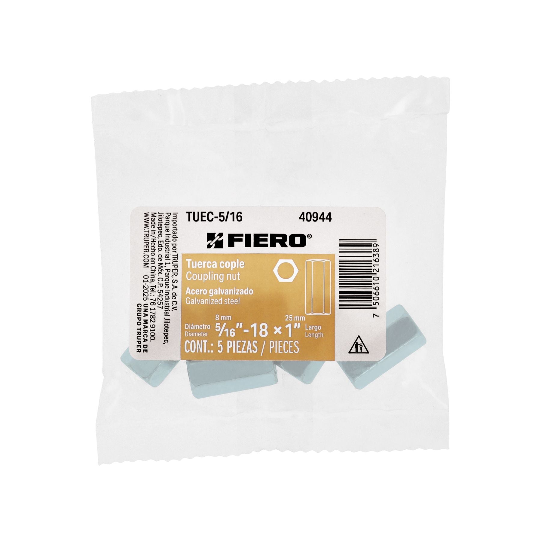 Tuerca Cople 5/16"Fiero Bolsa 5 Piezas