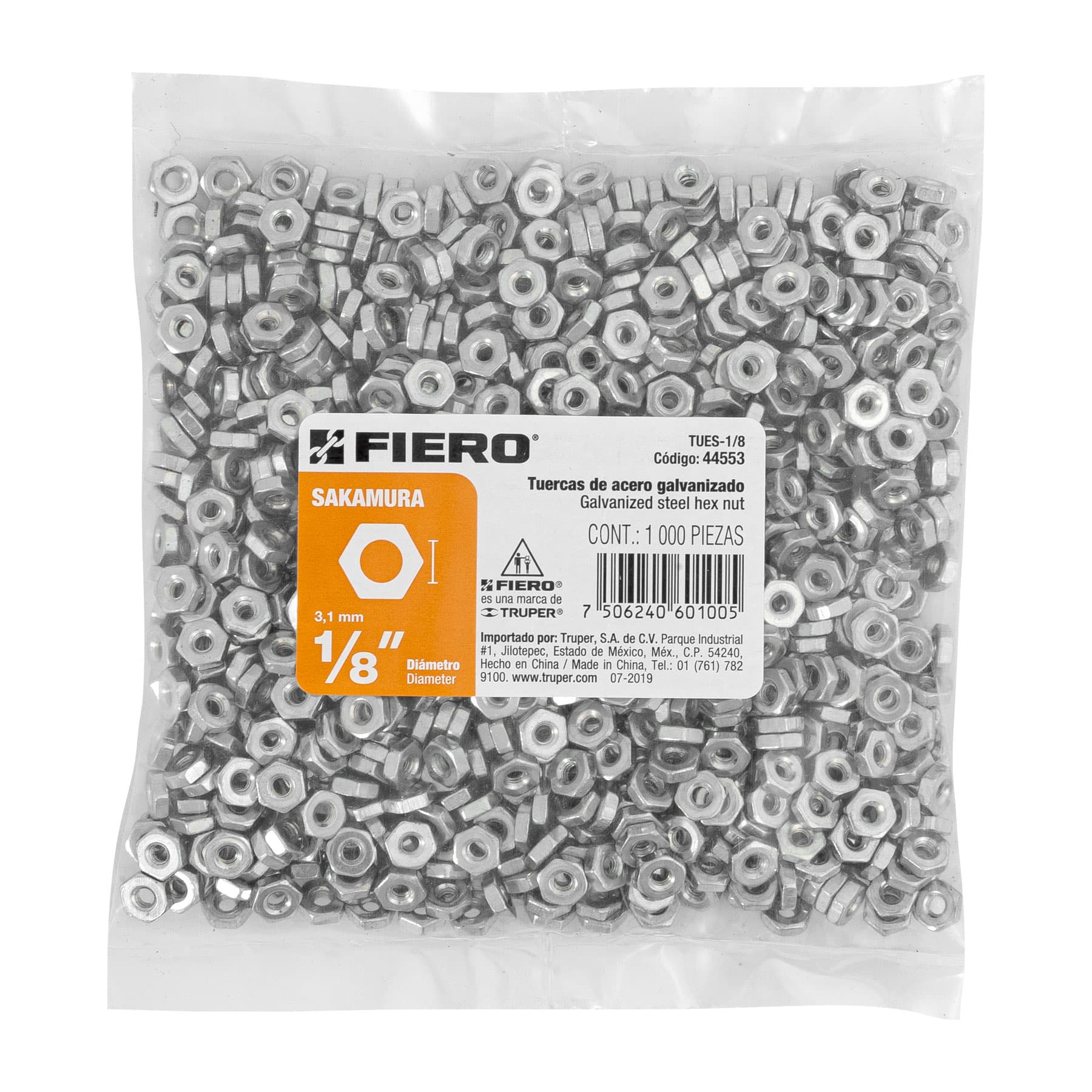 Tuerca Hexagonal 1/8" (3 mm) Fiero Bolsa 1,000 Piezas