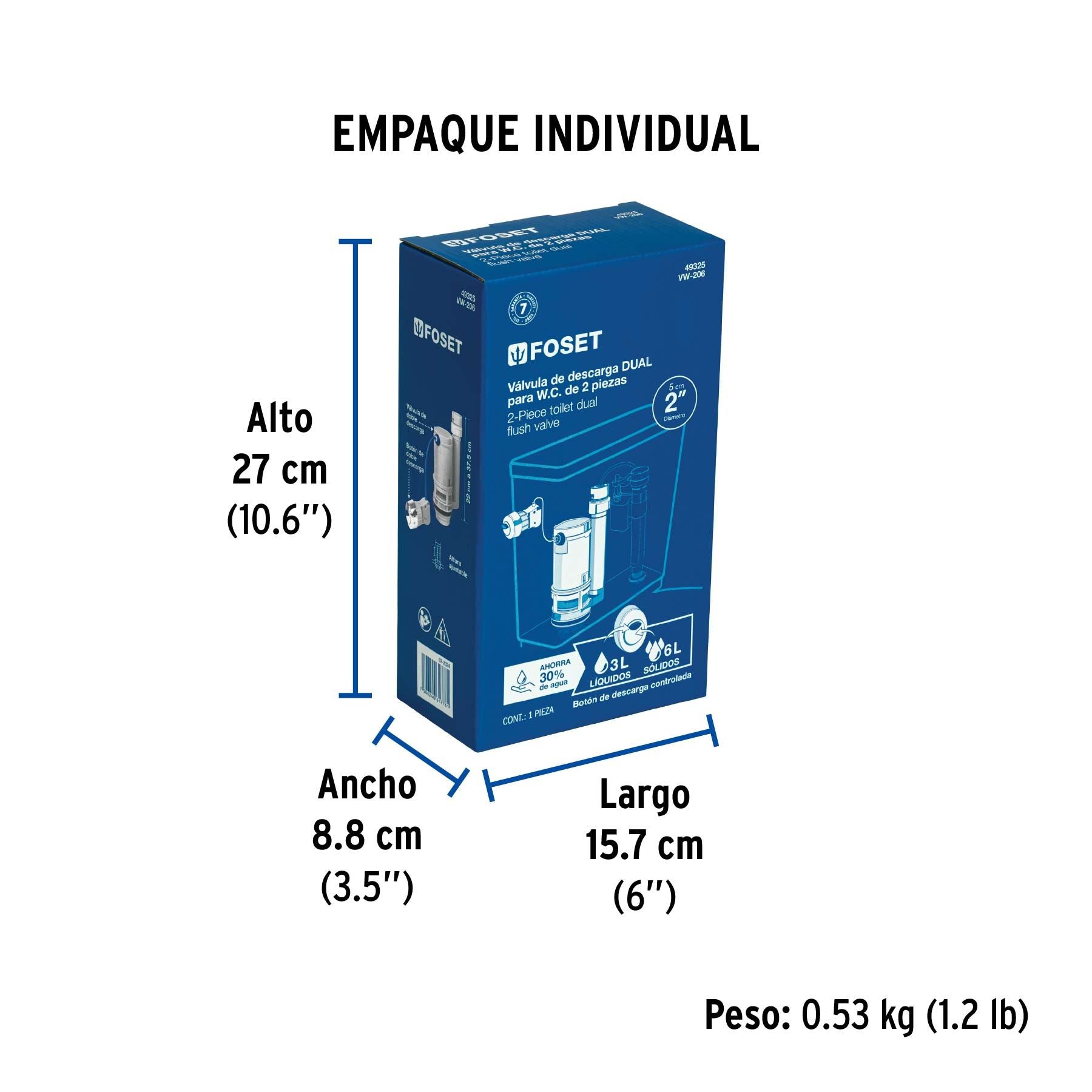 Valvula Descarga Dual Sanitario de 2 Piezas de 2" con Boton Frontal, Lateral o Superior Foset