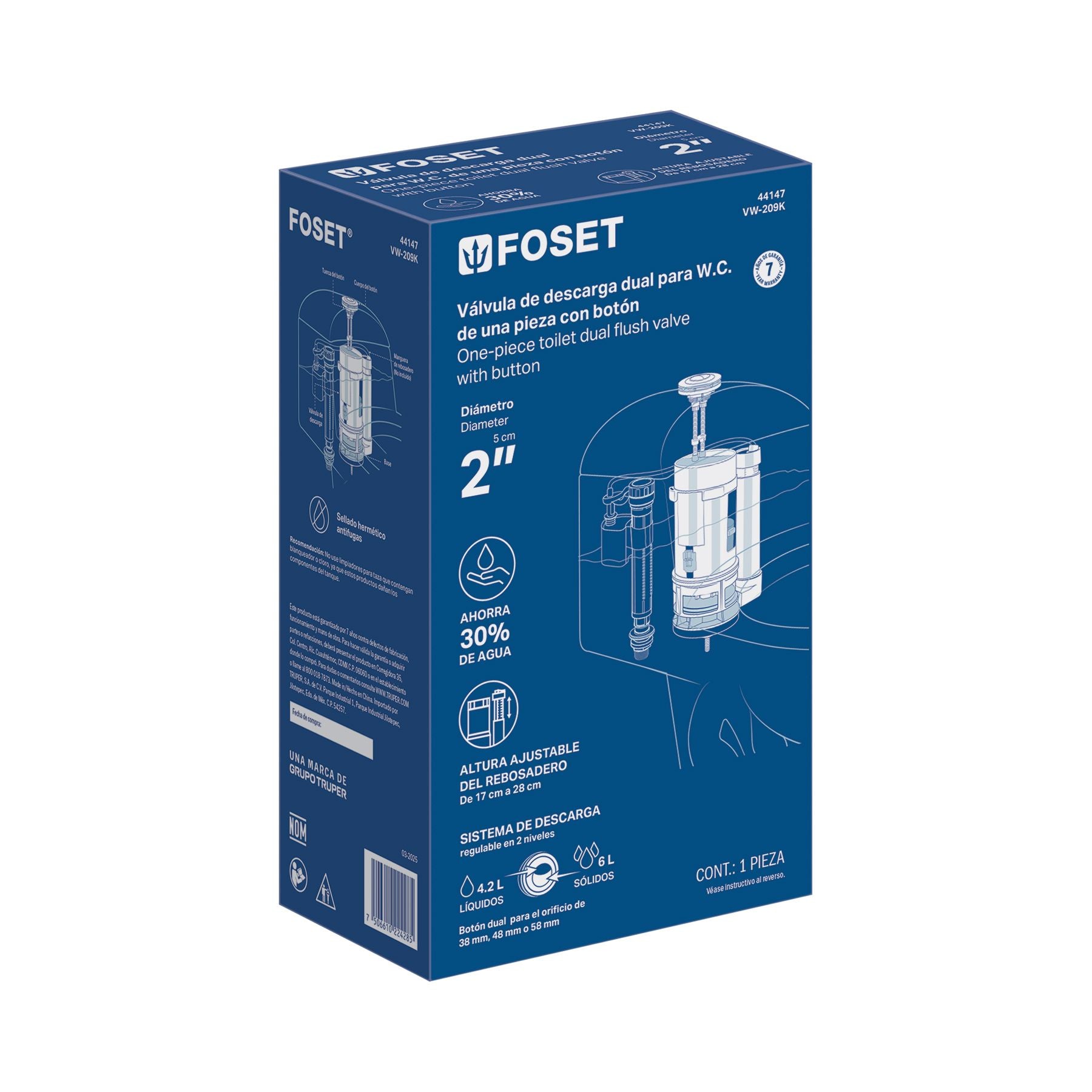 Valvula Descarga Dual Sanitario de 1 Pieza de 2" con Boton Foset