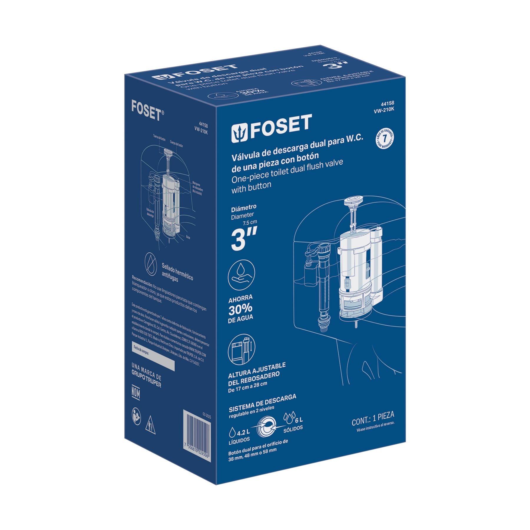 Valvula Descarga Dual Sanitario de 1 Pieza de 3" con Boton Foset