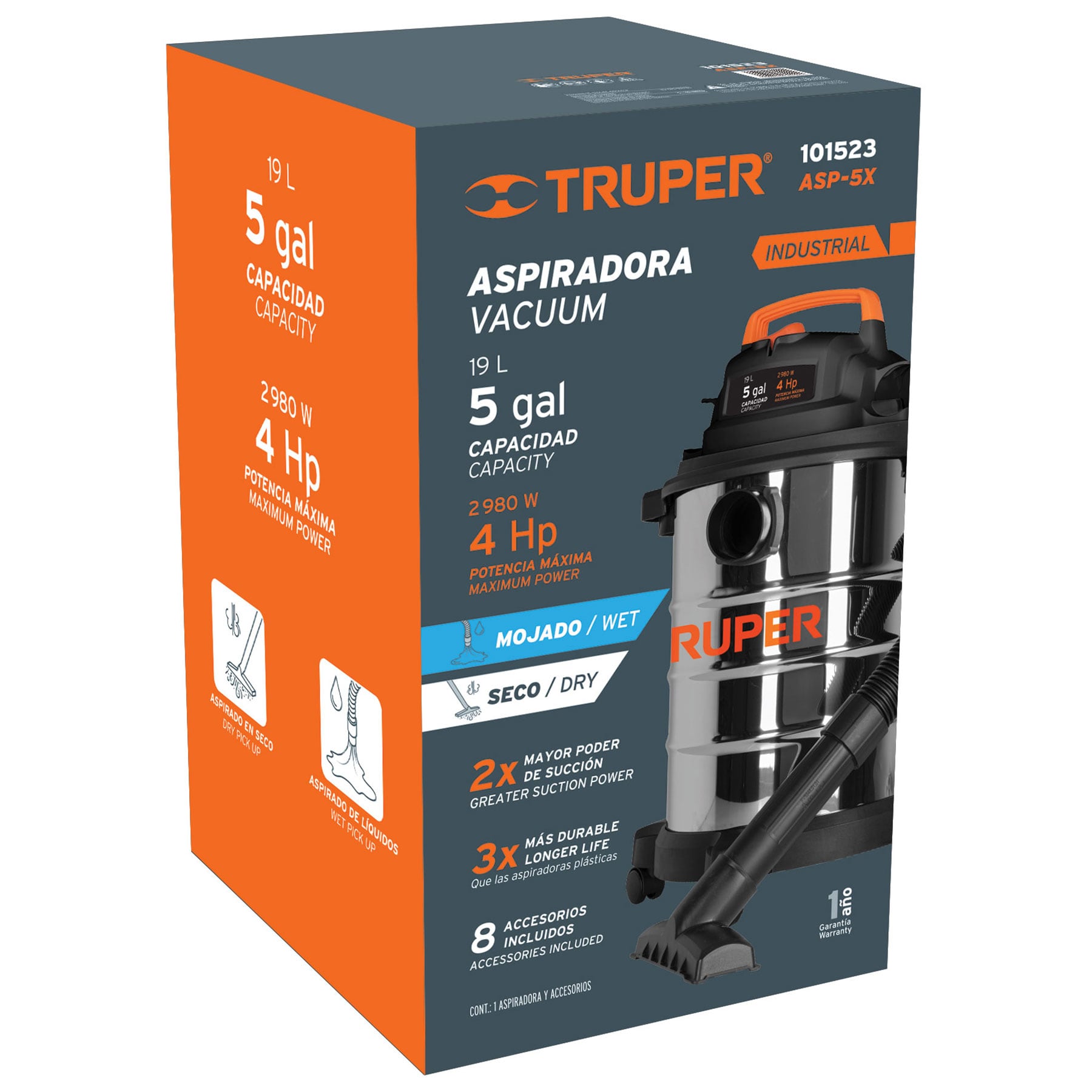 Aspiradora Acero Inoxidable Solidos y Liquidos de 19 Lts (5 gal) Truper