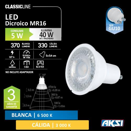 Foco LED MR16 Base GU10 de 5 Watts Luz Blanca Aksi