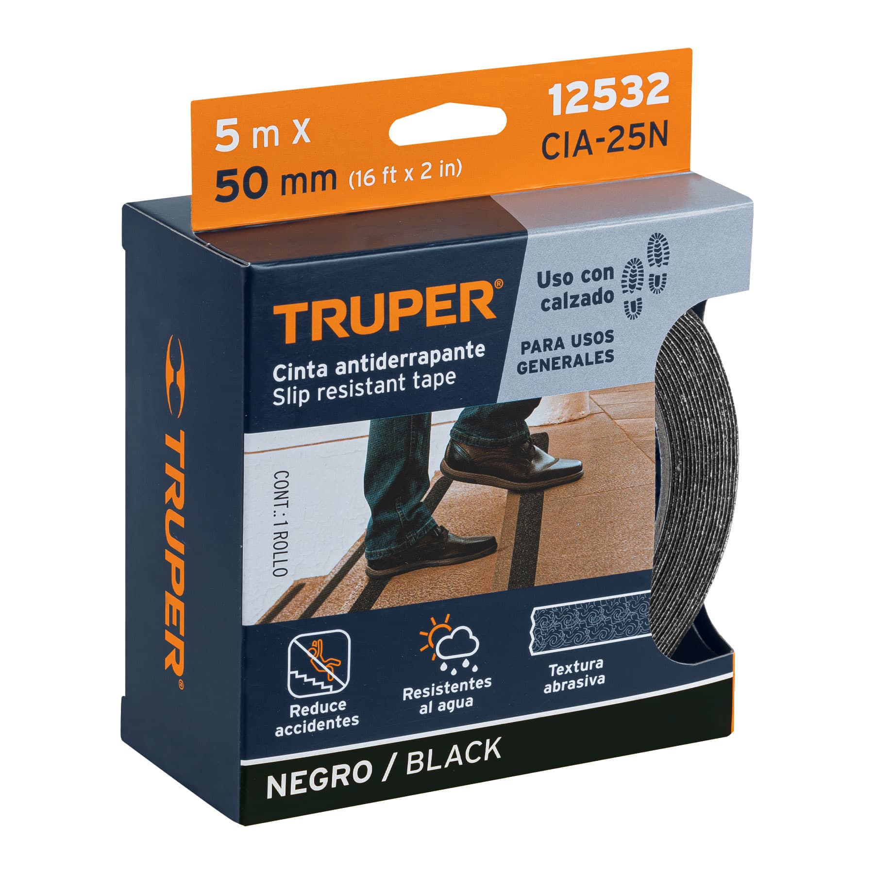 Cinta Adhesiva Antiderrapante 50 mm x 5 mts Negra Truper