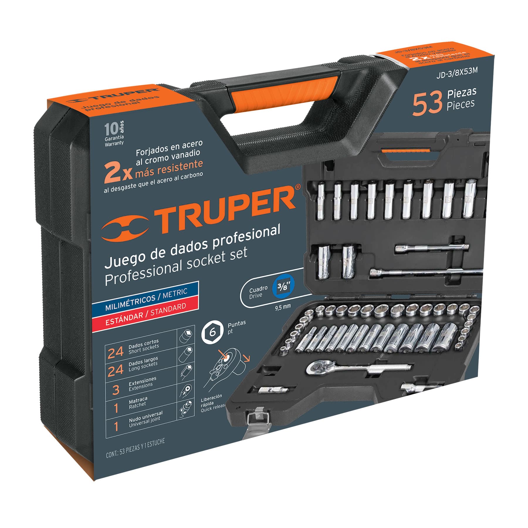 Juego de Dados y Accesorios Cuadro 3/8" Combinado 53 Piezas Truper