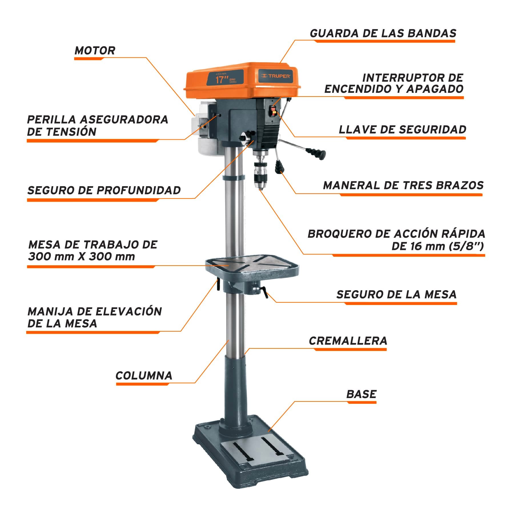 Taladro Estacionario de Piso 1,200 Watts Broquero de 5/8" Truper