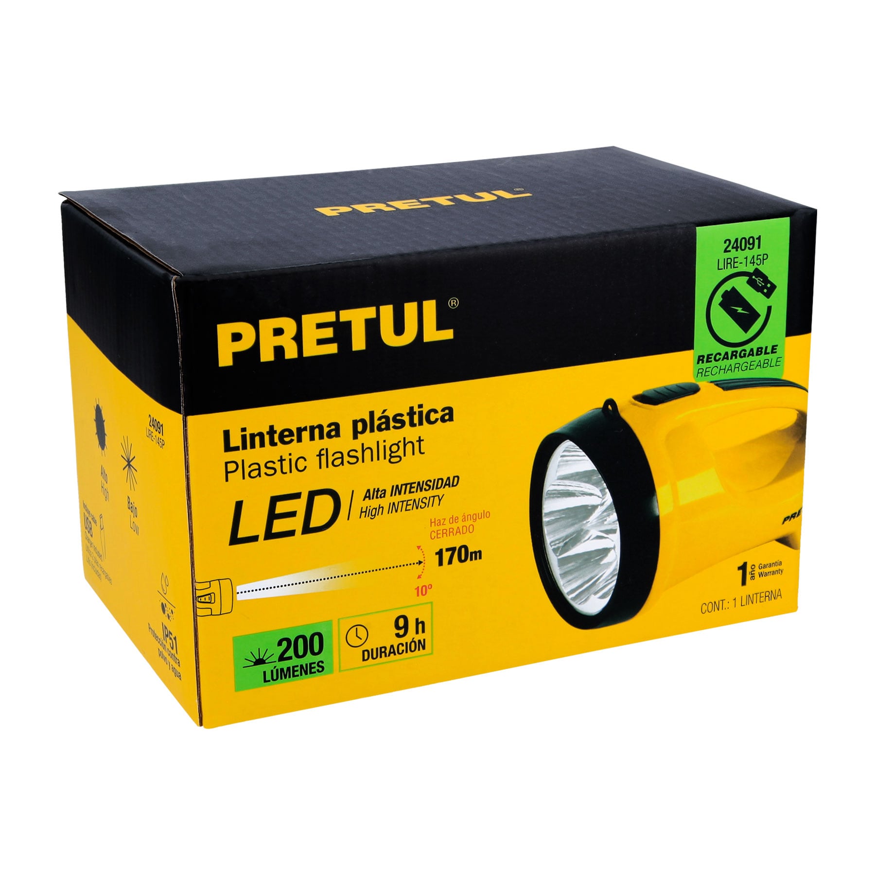 Linterna Recargable Plastica 200 Lumenes Pretul