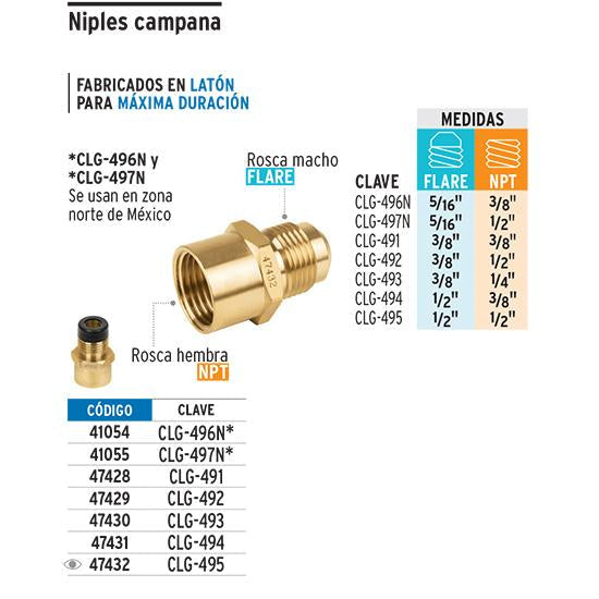 Niple Campana para Gas 3/8" Flare x 3/8" NPT (10 mm x 10 mm) Foset