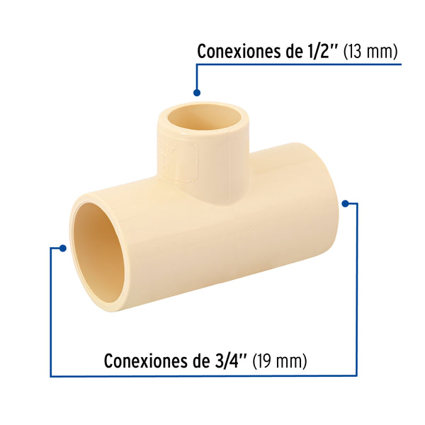 Tee CPVC Reducida Central Hidroflow 3/4" (19 mm) x 3/4" (19 mm) x 1/2" (13 mm)