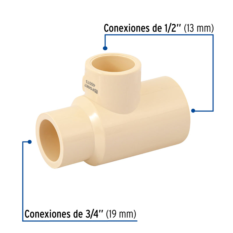 Tee CPVC Reducida Lateral Hidroflow 3/4" (19 mm) x 1/2" (13 mm) x 1/2" (13 mm)