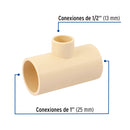 Tee CPVC Reducida Central Hidroflow 1" (25 mm) x 1" (25 mm) x 1/2" (13 mm)