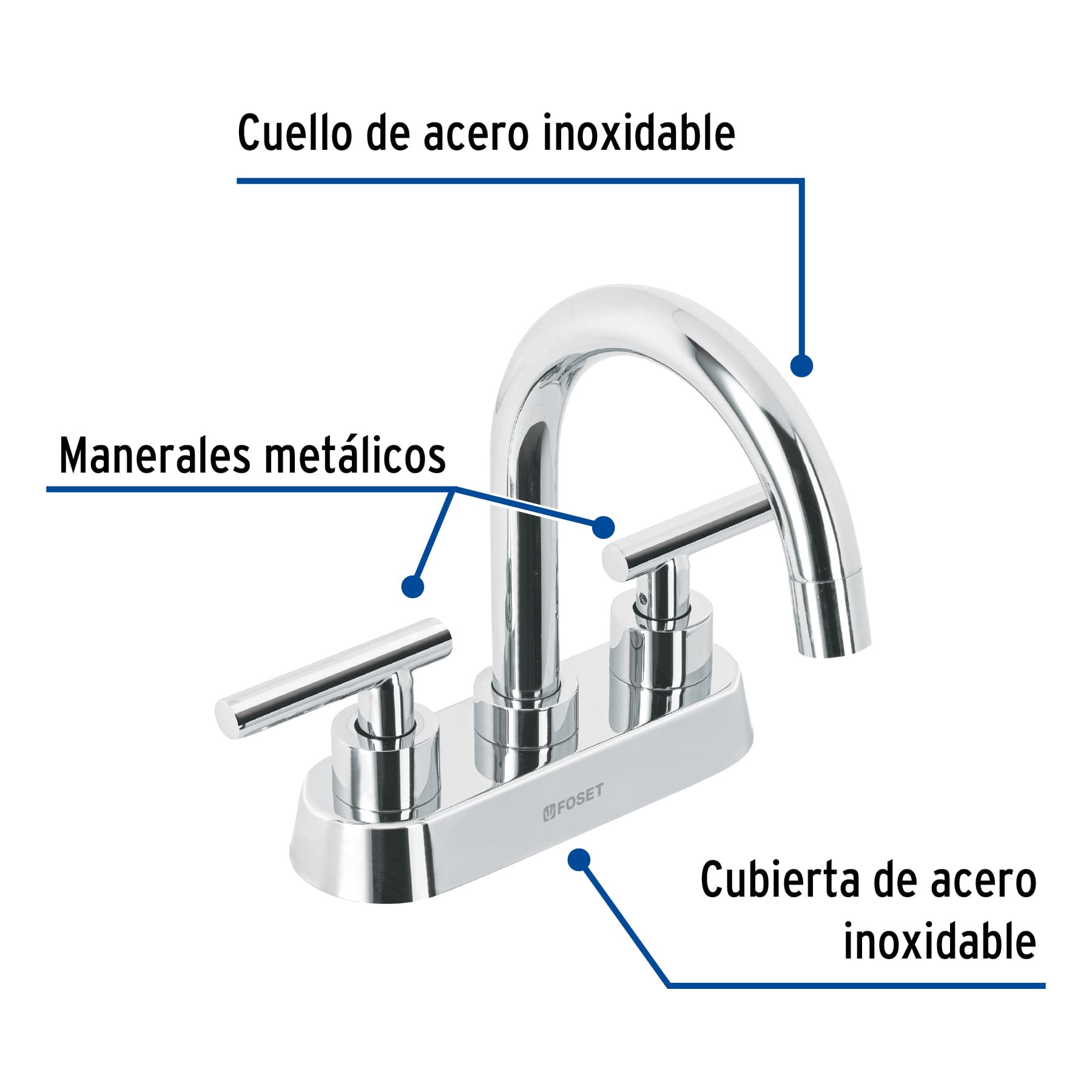 Mezcladora para Lavabo 4" Manerales Palanca FOSET TUBIG Acabado Cromo