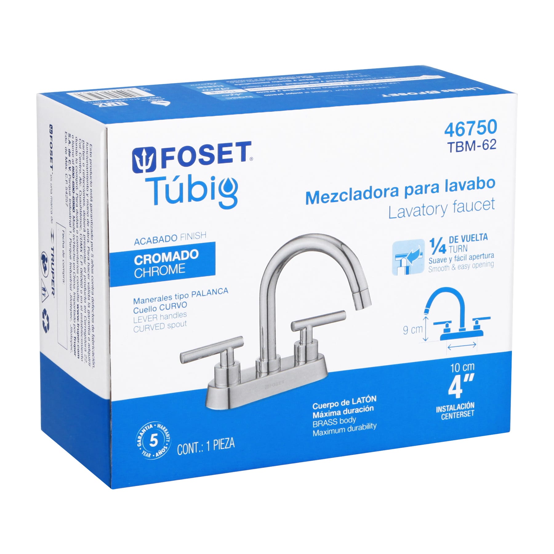 Mezcladora para Lavabo 4" Manerales Palanca FOSET TUBIG Acabado Cromo