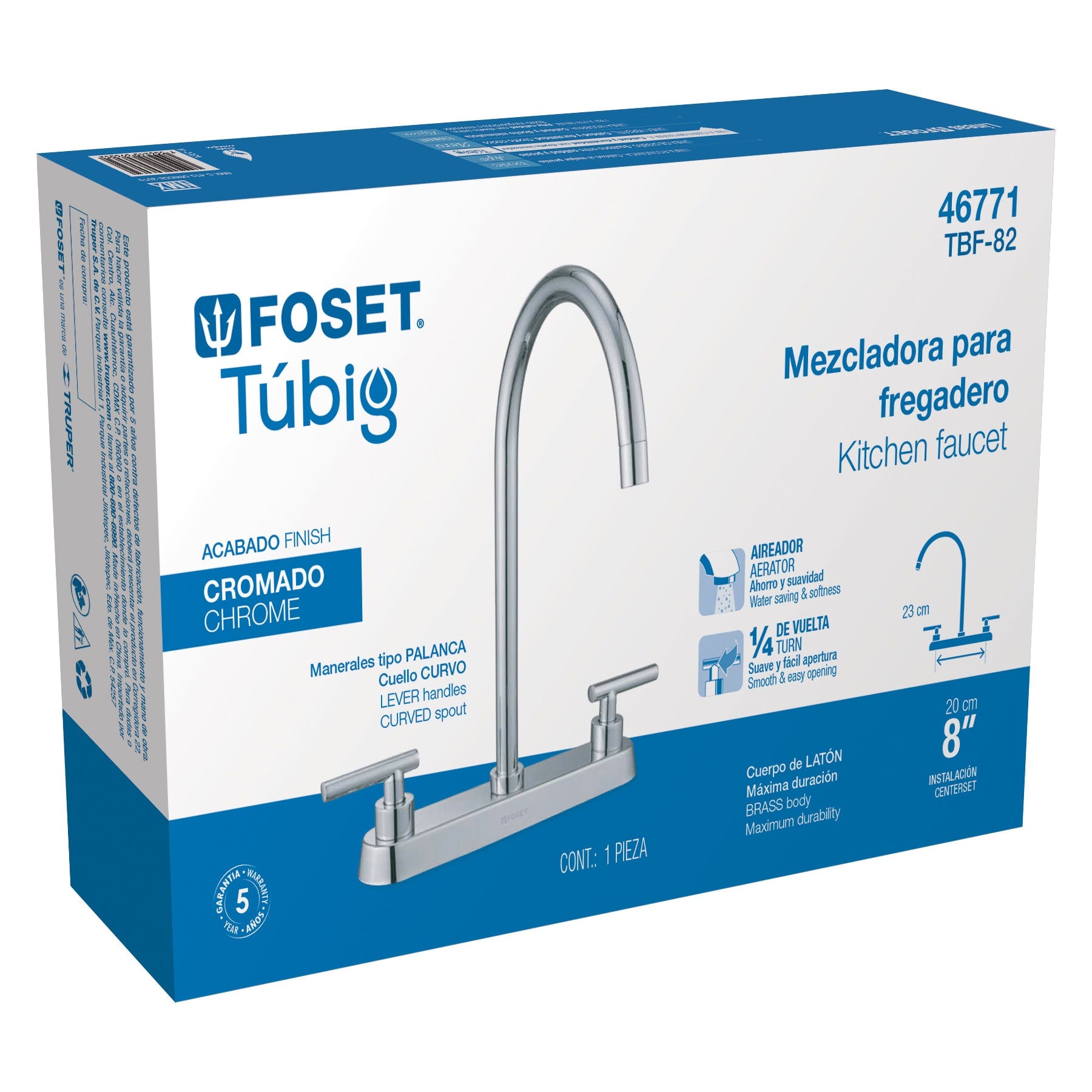 Mezcladora para Fregadero 8" Manerales Palanca FOSET TUBIG Acabado Cromo