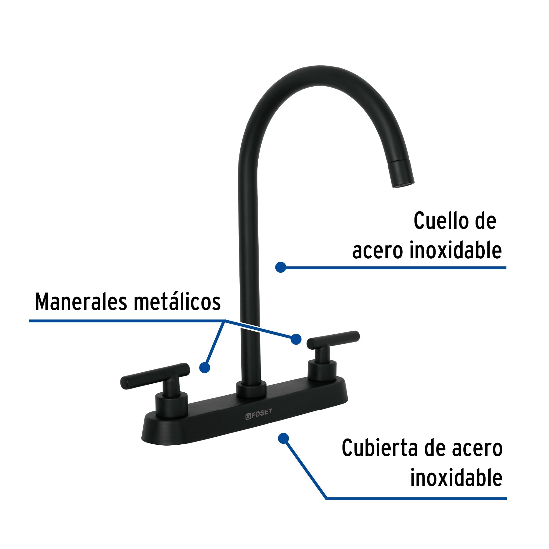 Mezcladora para Fregadero 8" Manerales Palanca FOSET TUBIG Acabado Negro Mate