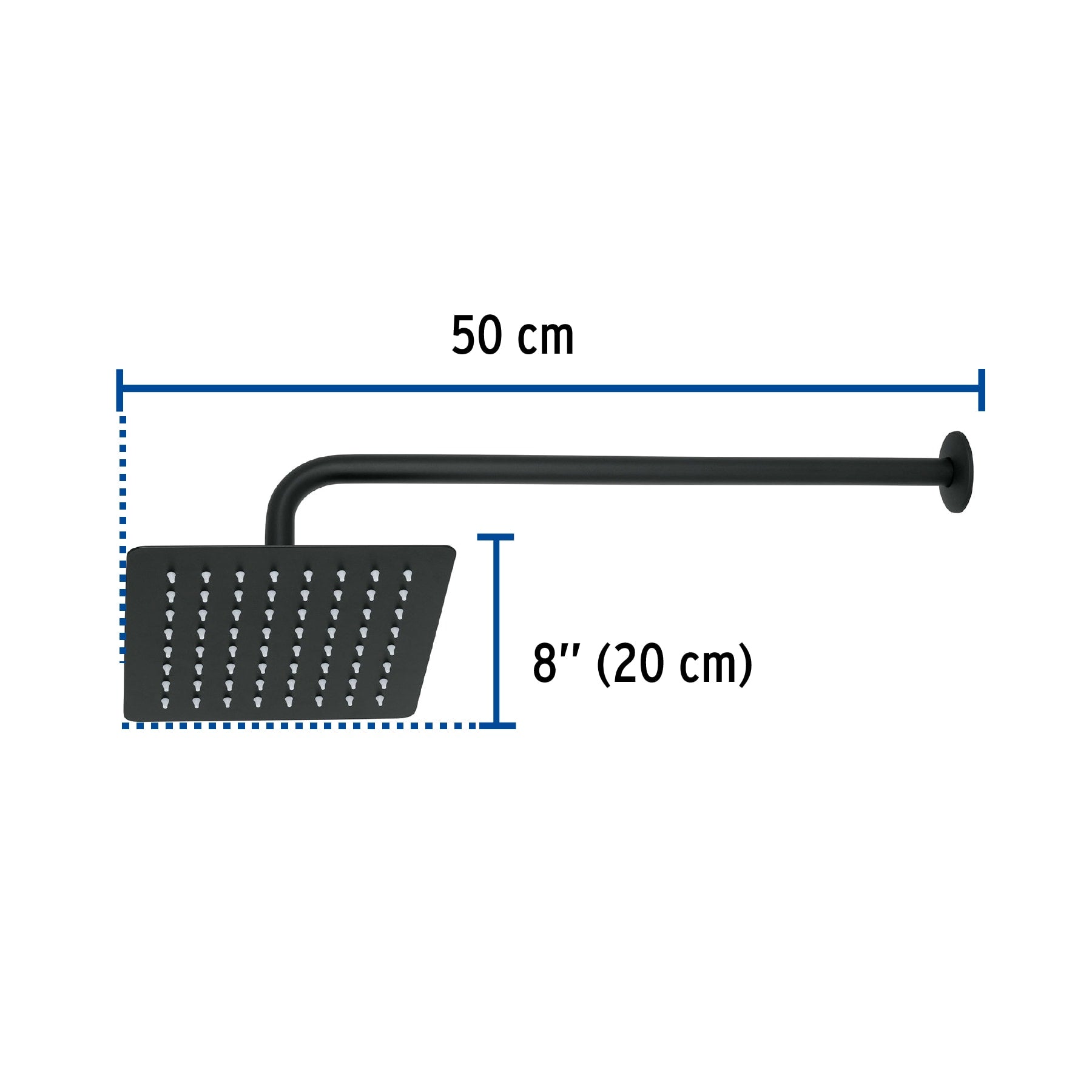 Regadera Cuadrada  8" con Brazo y Chapeton FOSET TUBIG Acabado Negro Mate