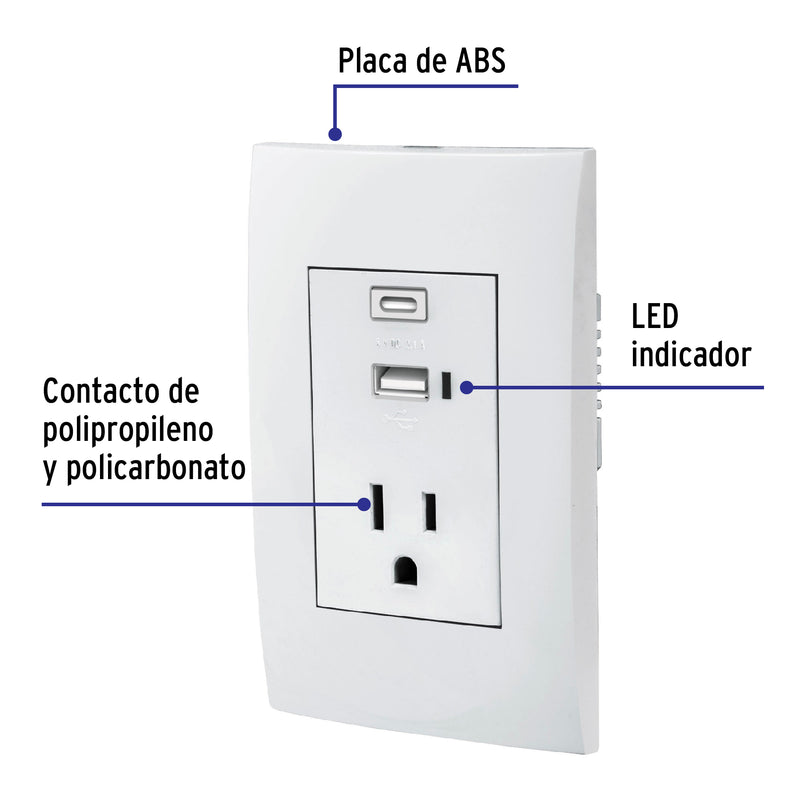 Contacto 2P + T con 1 Puerto USB Tipo "C" y 1 Puerto USB Tipo "A" con Placa Blanco Oslo Volteck