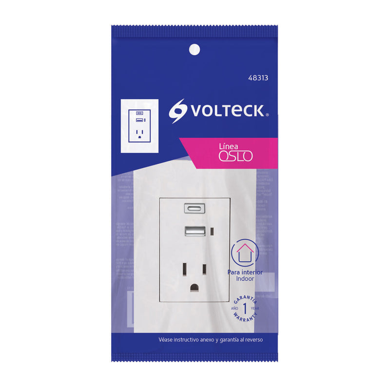 Contacto 2P + T con 1 Puerto USB Tipo "C" y 1 Puerto USB Tipo "A" con Placa Blanco Oslo Volteck