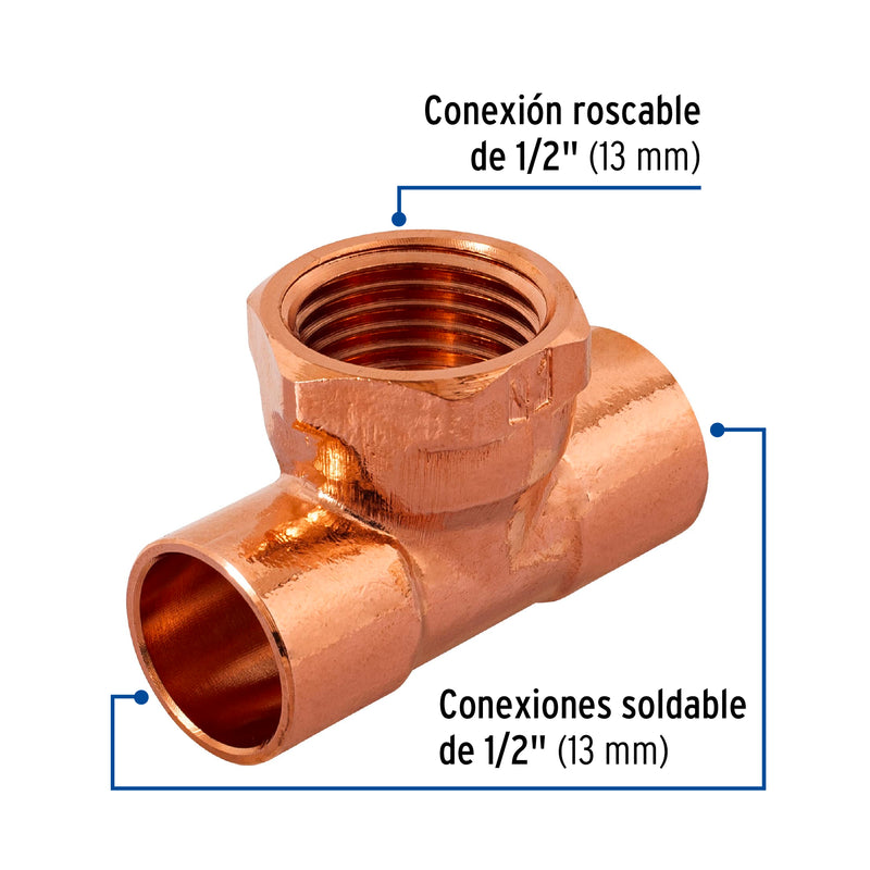 Tee Cobre Rosca Interior Central 1/2" (13 mm) Copperflow