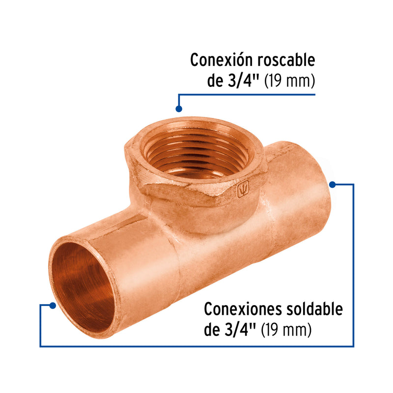 Tee Cobre Rosca Interior Central 3/4" (19 mm) Copperflow