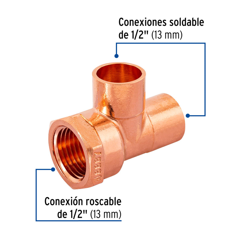 Tee Cobre Rosca Interior Lateral 1/2" (13 mm) Copperflow