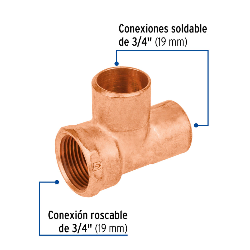 Tee Cobre Rosca Interior Lateral 3/4" (19 mm) Copperflow