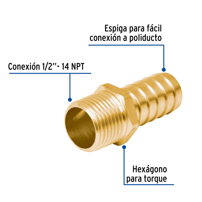 Conector Exterior Espiga para Manguera de Bronce 1/2" (13 mm)