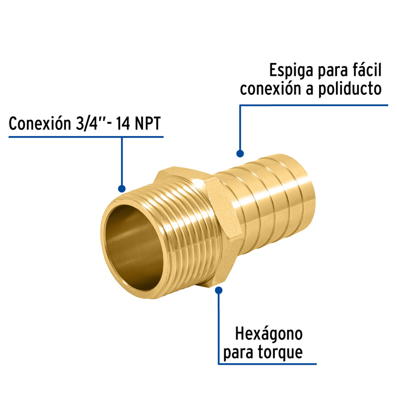 Conector Exterior Espiga para Manguera de Bronce 3/4" (19 mm)