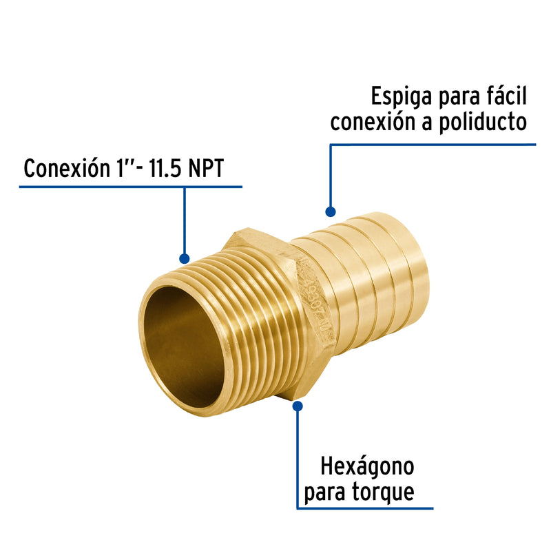 Conector Exterior Espiga para Manguera de Bronce 1" (25 mm)