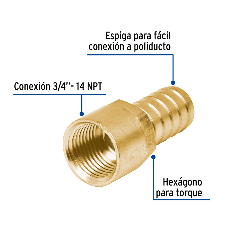 Conector Interior Espiga para Manguera de Bronce 3/4" (19 mm)