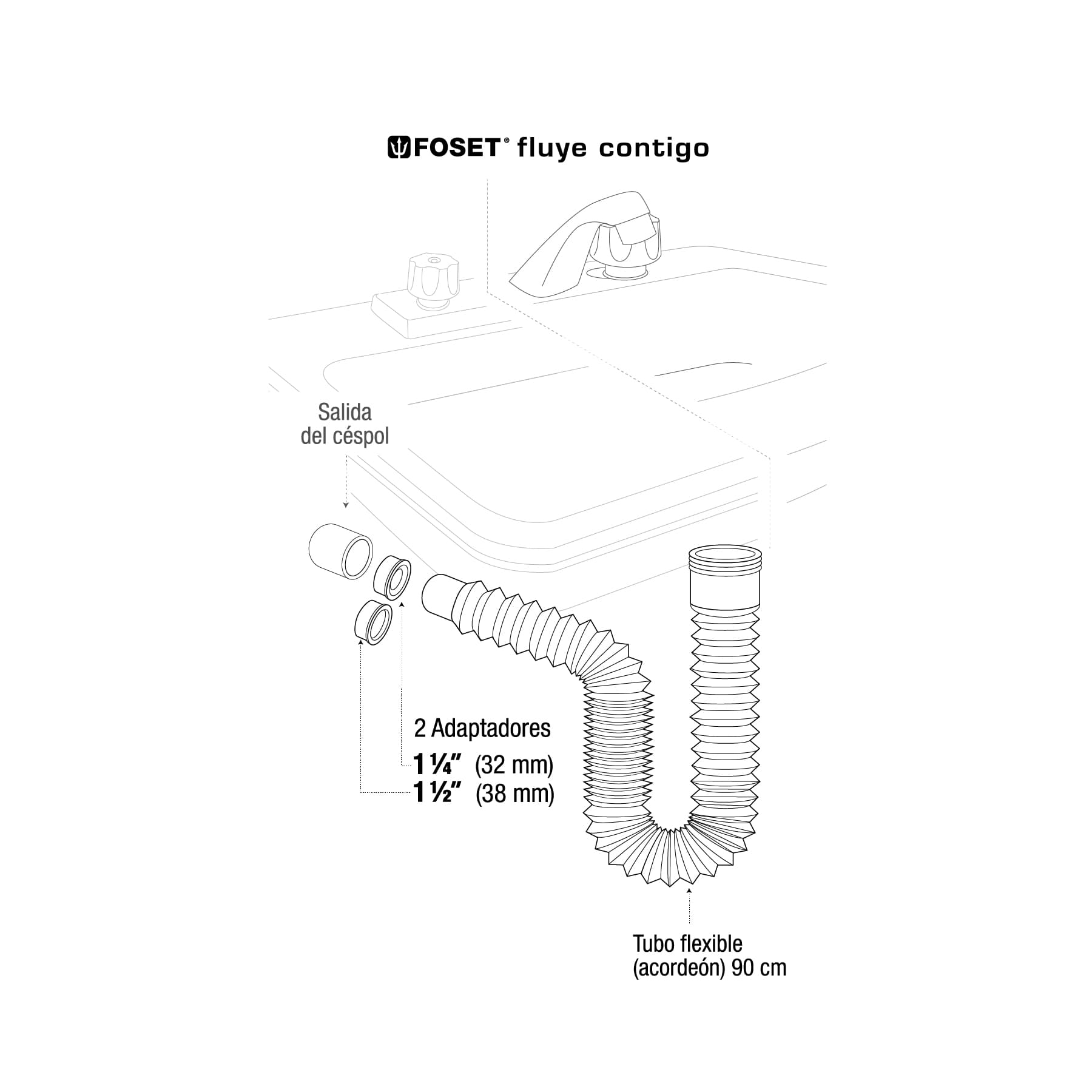 Cespol Flexible Tipo "P" para Lavabo o Fregadero Extra Largo Cromo Foset