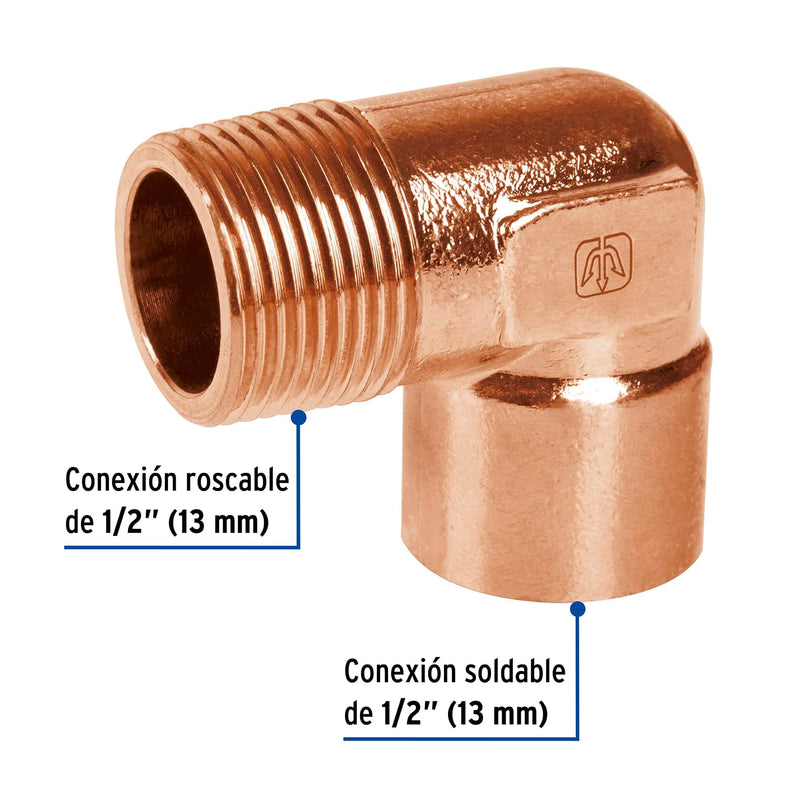 Codo Cobre 90° Rosca Exterior 1/2" (13 mm) Copperflow