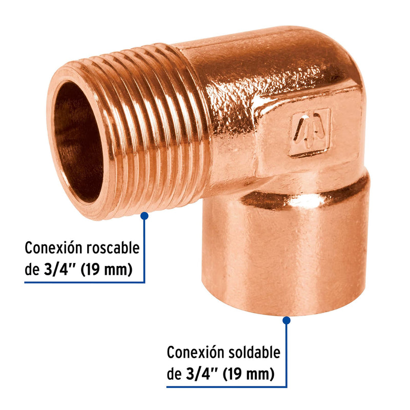 Codo Cobre 90° Rosca Exterior 3/4" (19 mm) Copperflow