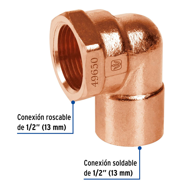 Codo Cobre 90° Rosca Interior 1/2" (13 mm) Copperflow