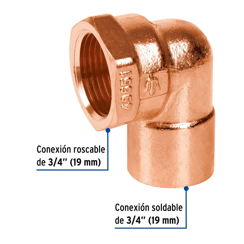 Codo Cobre 90° Rosca Interior 3/4" (19 mm) Copperflow